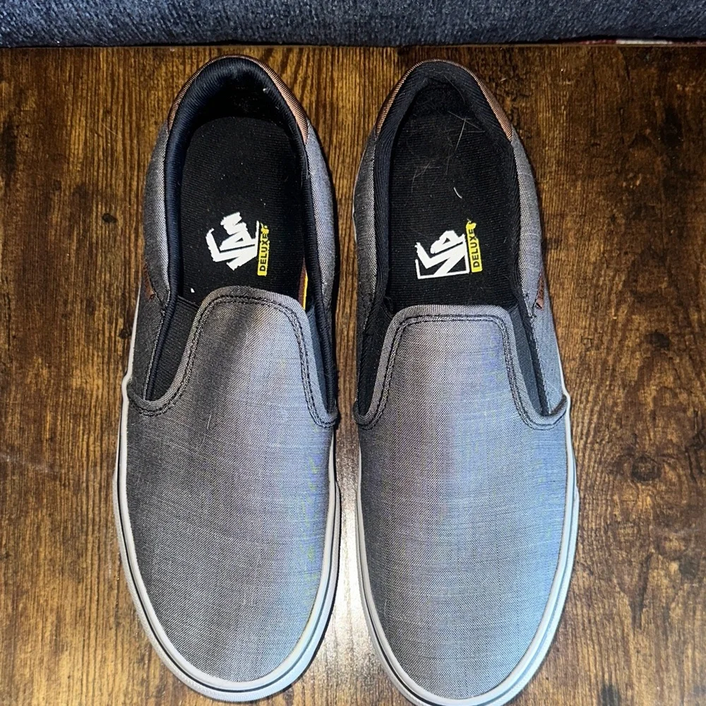 Vans Asher Deluxe Men’s Slip-On Textile Skate Shoes Grey Black Brown Size 10
